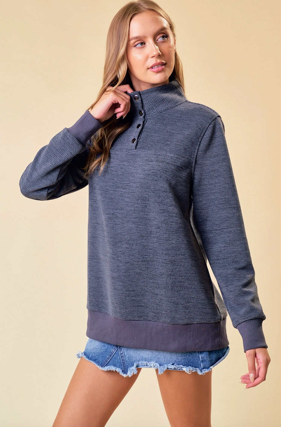 Quilted Yoke Funnel Pullover