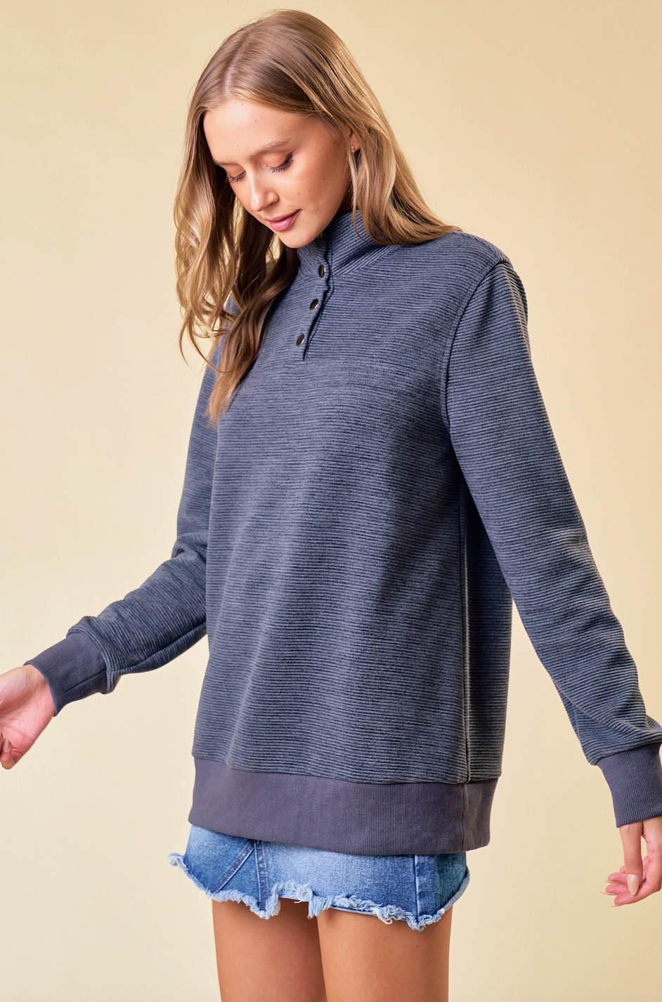 Quilted Yoke Funnel Pullover