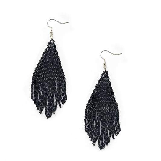 Black Beaded Tassel Earrings