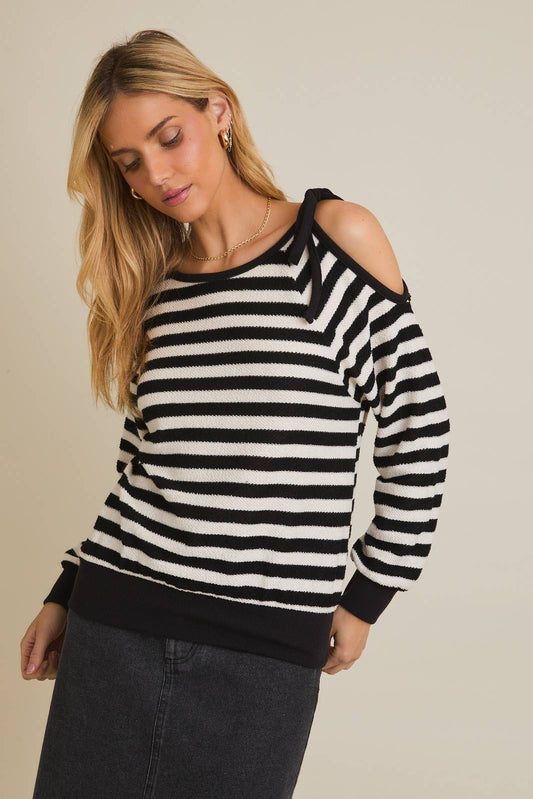Stripe Shoulder-Tie Sweater